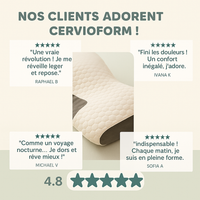 Avis clients 5 étoiles sur l’oreiller médical Cervioform, soulageant les douleurs et améliorant la qualité du sommeil.